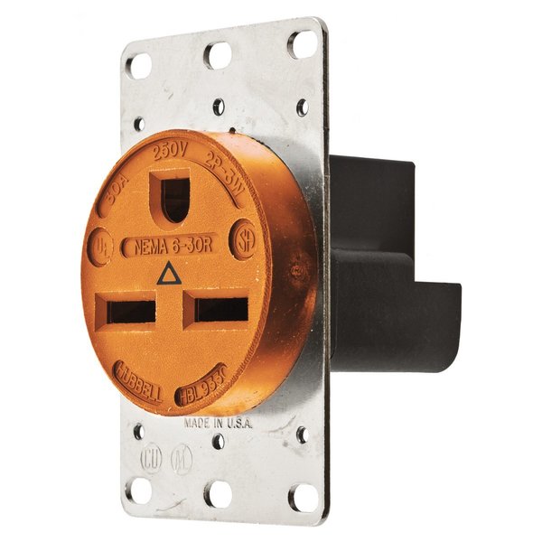 Hubbell Wiring Device-Kellems Straight Blade Devices, Receptacles, Flush Receptacle, Industrial Grade, 2-Pole 3-Wire Grounding, 30A 250V, 5-20R, Orange, Single Pack IG9330